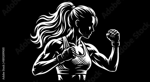 Female boxer silhouette holding a clenched fist in a ready fighting pose on a black background.