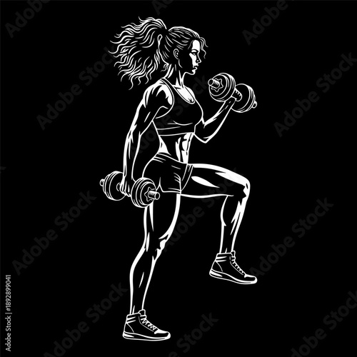 Female fitness silhouette stepping forward while lifting dumbbells during a strength workout on a black background.