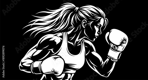 Female boxer silhouette moving forward with raised gloves in an active fighting motion on a black background.
