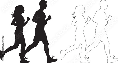Silhouettes of people running in pairs black and white jogging exercise