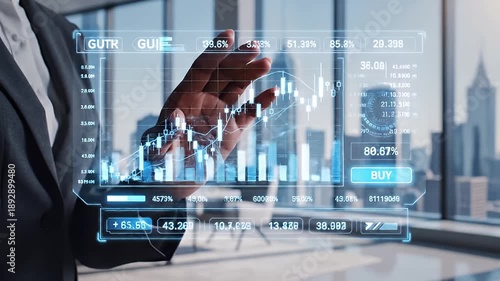 Demonstrating a pointing gesture in a modern office overlooking a city skyline