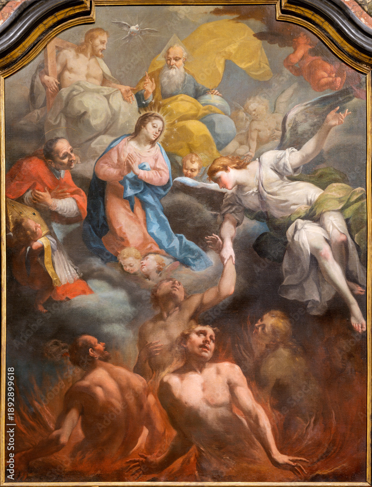 Naklejka premium VERCELLI, ITALY - JANUARY 17, 2026: The painting of God the Father, Virgin Mary and Charles Borromeo with the souls of Purgatory in the church Chiesa di san Salvatore by unknown baroque artist.