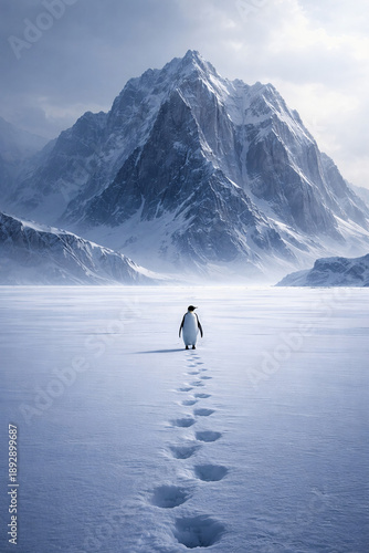 Lone Penguin Journey Through Vast Snow-Covered Antarctic Wilderness and Majestic Mountains