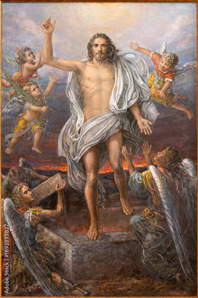Obraz premium BUSTO ARSIZIO, ITALY - JANUARY 19, 2026: The painting of Resurrection in church Chiesa di San Michaele by S. Crespi (2013). 