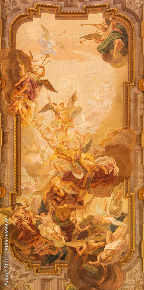 Obraz premium BUSTO ARSIZIO, ITALY - JANUARY 19, 2026: The ceiling fresco of St. Michael in the battle with the Fallen angels in church Chiesa di San Michaele by Ettore and Mario Chiodo Grandi (1932 - 1934). 