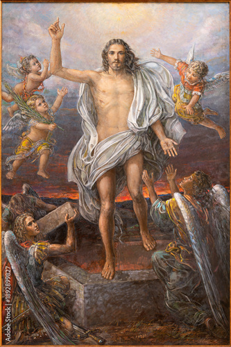 BUSTO ARSIZIO, ITALY - JANUARY 19, 2026: The painting of Resurrection in church Chiesa di San Michaele by S. Crespi (2013). 