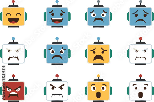 Robot Face Emoji Collection, Cute AI Assistant Head Icons with Expressions, Flat Vector Set