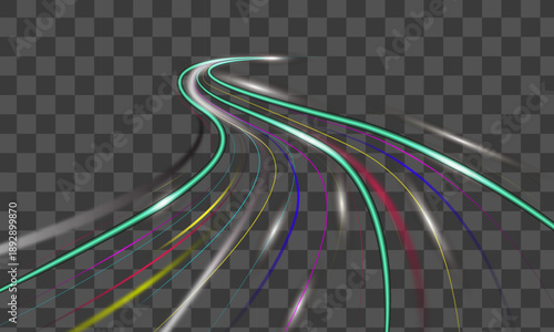 Abstract light trails depicting movement and speed on a transparent background