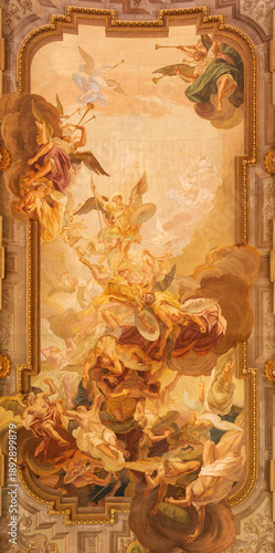 BUSTO ARSIZIO, ITALY - JANUARY 19, 2026: The ceiling fresco of  St. Michael in the battle with the Fallen angels in church Chiesa di San Michaele by Ettore and Mario Chiodo Grandi (1932 - 1934). 