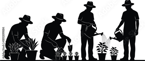 Black silhouette vector illustration of four gardeners planting and watering flowers, depicting agriculture work, horticulture, teamwork, nature care and growth concept isolated on white background.