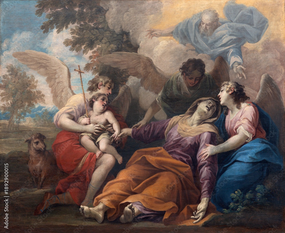 Fototapeta premium BUSTO ARSIZIO, ITALY - JANUARY 19, 2026: The painting of Death of St. Eizabeth mother of St. John the Baptist in the church Basilica di San GIovanni Battista by Salvatore Bianchi (1653 – 1727).