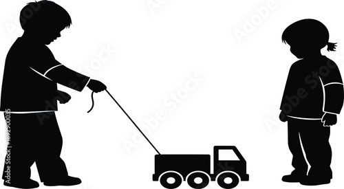 Black Silhouette Vector of Two Small Children Playing Together with a Toy Truck Representing Childhood Friendship Early Learning Development and Simple Creative Play Activities