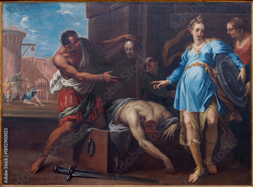 BUSTO ARSIZIO, ITALY - JANUARY 19, 2026: The painting of Hedodias and Salome with the head of St. John the Baptist in the church Basilica di San GIovanni Battista by unknown artist of 16. - 17. cent. 