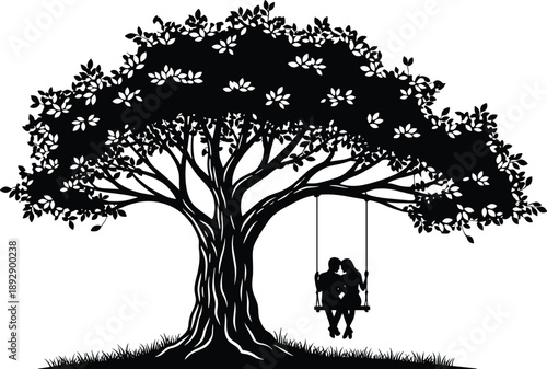 Adobe Stock Optimized Title Silhouette of a romantic young couple sitting on a rope swing under a large leafy oak tree isolated on white background
