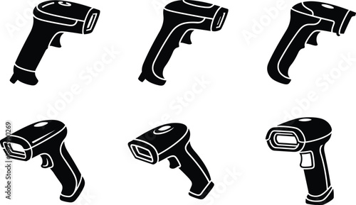 Black and white icons of handheld barcode scanners in various angles for retail, inventory, logistics, and technology design use