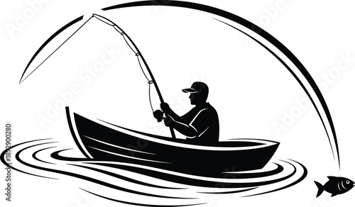 Black and white illustration of person fishing from boat with bent rod and airborne fish in stylized water scene