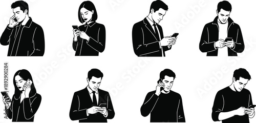 Black and white illustrations of diverse people using smartphones in everyday poses, highlighting modern mobile phone behavior and communication habits.