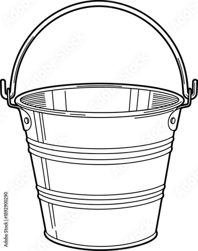 Black and White Outline Illustration of a Metal Garden Bucket Featuring a Wire Handle and Ribbed Design for Kids Coloring Book Pages