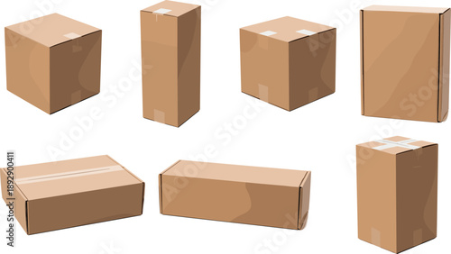 Collection of Cardboard Packing Boxes and Brown Paper Shipping Cartons in Various Dimensions for Logistics Delivery E-commerce and Moving House Concepts