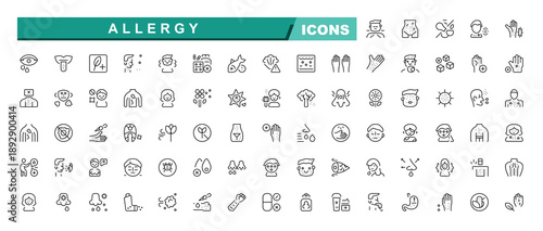 Allergy icon set. Icons for UI design. Editable stroke. Pixel Perfect. Asthma related icon set. Includes symbols for pollen, asthma, treatment and more.