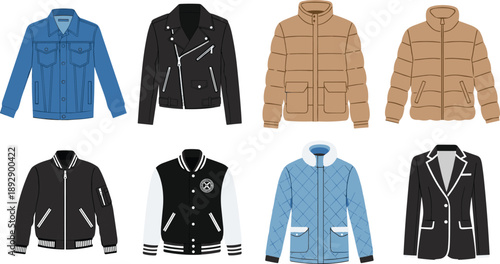 Collection of eight stylish jackets in varied designs and colors showcasing modern outerwear fashion for retail and wardrobe planning