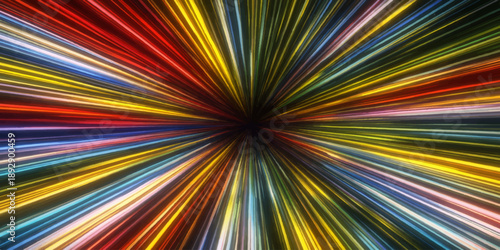 A vibrant psychedelic rainbow background features a digital fractal pattern with a bright color explosion of pink and blue swirls in a swirling floral star burst design