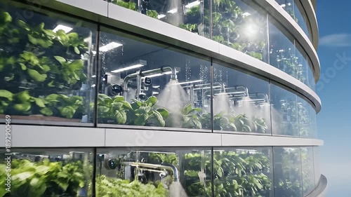 Viewing a modern curved glass tower with lush greenery on each floor