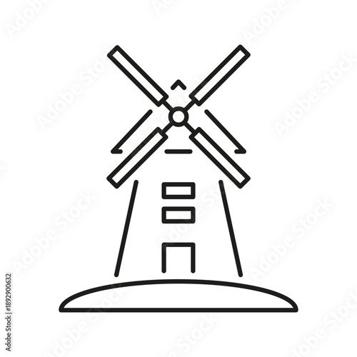 Windmill Line Icon. Renewable Energy And Sustainable Agriculture Outline Symbol. Eco-Friendly Power Generation And Traditional Farming. Editable Stroke. Isolated Vector Illustration