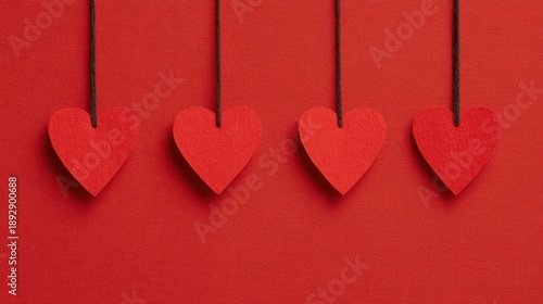 Hanging red hearts on a textured red background.