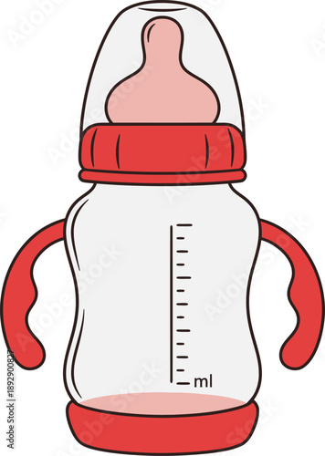 Red and white baby feeding bottle with handles and measurement markings on a white background infant