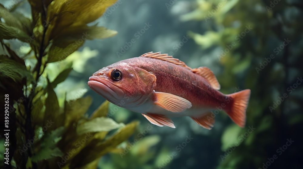 Obraz premium A vibrant red fish glides gracefully through a lush green underwater kelp forest showcasing natural marine life in its habitat