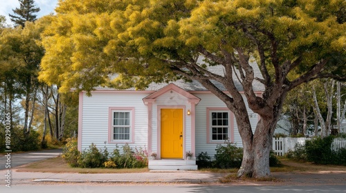 A small white house with a yellow door sits in front of a tree