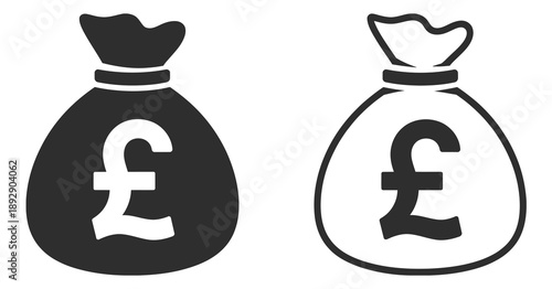 Money Bag Icon with Pound Sterling Symbol, filled and outline style, UK currency sack glyph and line art, British finance illustration for apps, web, print.