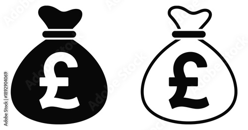 Money Bag Icon with Pound Sterling Symbol, filled and outline style, UK currency sack glyph and line art, British finance illustration for apps, web, print.