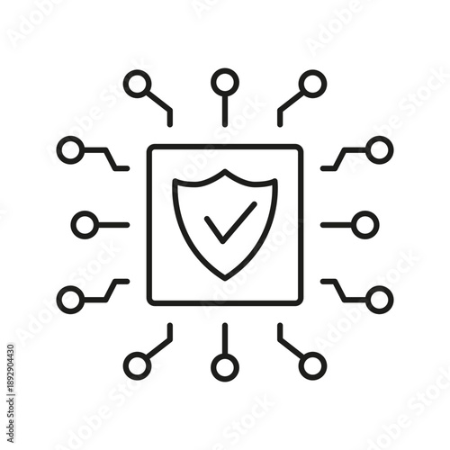Cybersecurity Chip Line Icon. Digital Protection And Data Security Outline Symbol. Secure Technology And Network Safety. Editable Stroke. Isolated Vector Illustration