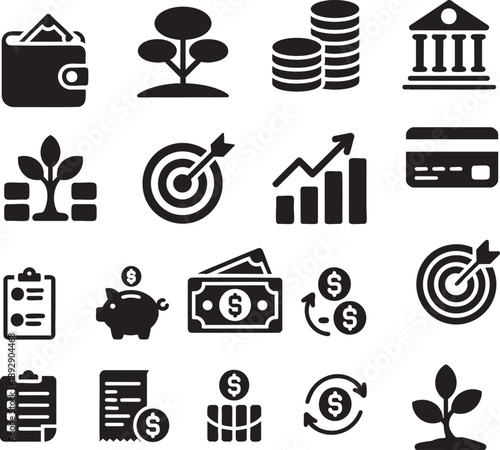 Collection of black finance and business including wallet coins bank credit card and growth charts