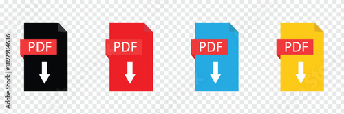 Collection of pdf icons | pdf icon sheet | black, white and red pdf and paper symbols with different corners. Vector Illustration. Vector illustration EPS 10 .