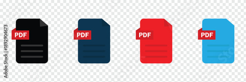Collection of pdf icons | pdf icon sheet | black, white and red pdf and paper symbols with different corners. Vector Illustration. Vector illustration EPS 10 .