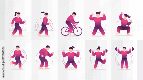 Dynamic Exercises: A diverse illustration showcases various individuals engaged in a range of exercises, promoting a healthy lifestyle.