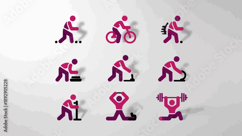 Workout Icon Set: A vibrant collection of workout icons depicts various exercises, promoting a healthy lifestyle and fitness routines.