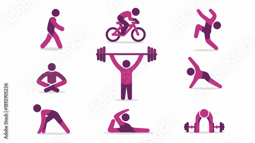 Diverse Exercise Icons: Illustrating the variety of physical activities to emphasize the importance of fitness and well-being. From yoga to weightlifting.