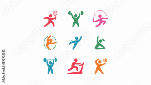 Icons of Fitness: Colorful icons of various sports and fitness activities, including tennis, weightlifting, skipping rope, gymnastics, and more. Embodying an active lifestyle and diverse exercise.