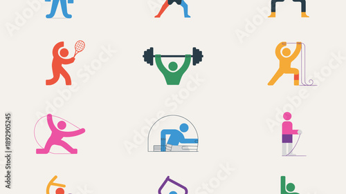 Iconic Sports Collection: A dynamic illustration presenting a diverse range of sports icons, each meticulously designed to symbolize physical activities. These icons cover numerous areas of sports