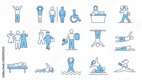 Activity and Recreation Icon Set: An assortment of line art icons depicting diverse human activities and public amenities, offering visual guidance.