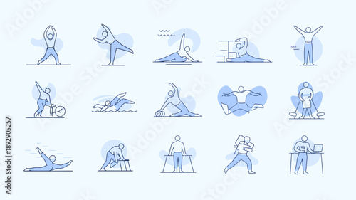 Body Movement in Daily Life : An illustrated compilation of various body movements, highlighting everyday actions from stretching to exercise, promoting health and wellness through movement.