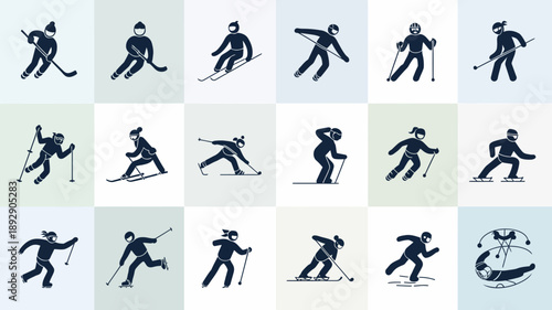 Iconic Winter Sports in Action: A dynamic set of icons showcases various winter sports. Each icon is a silhouette of an athlete in motion, capturing the energy, excitement.