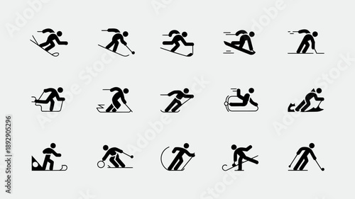 Winter Sports Icon Set: Collection of stylized icons representing various winter sports activities, providing a clean and versatile visual resource.