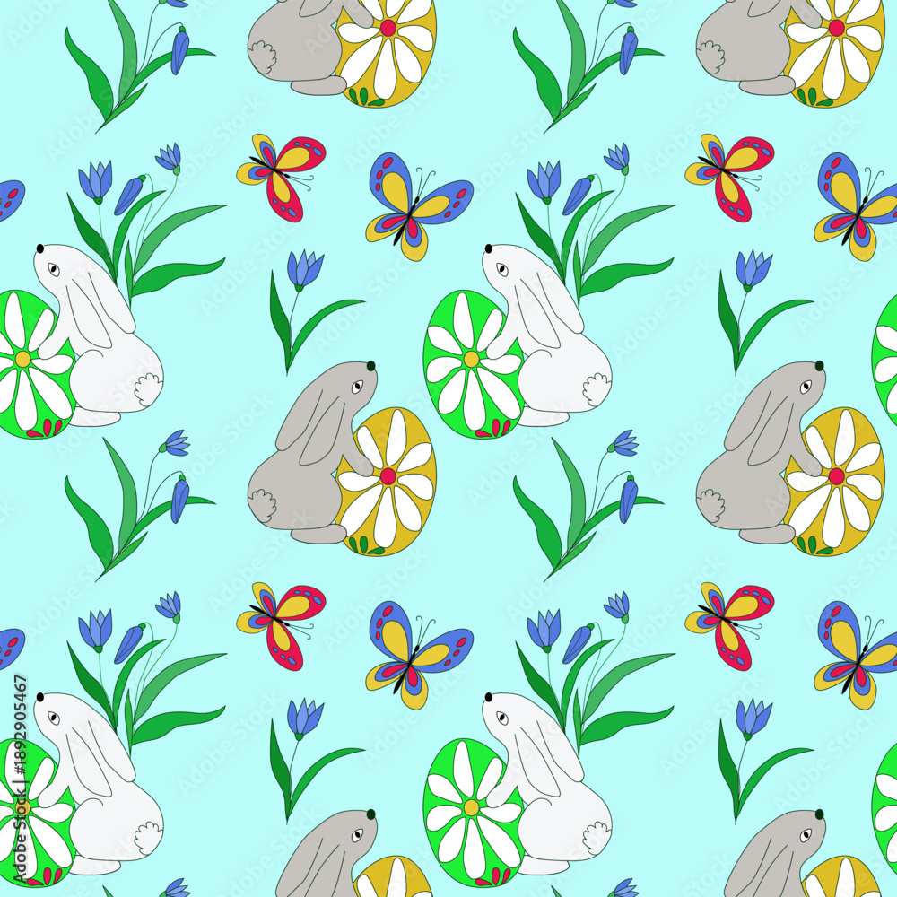 Obraz premium Easter pattern with cute bunnies, snowdrops, Easter eggs and butterflies on a blue background. Conveys a festive spring atmosphere, a symbol of Easter. For fabrics, packaging, holiday decor