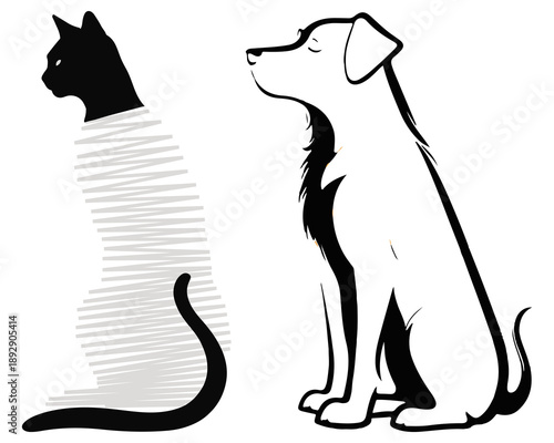 Minimalistic vector illustrations in the form of thin, clean outlines of a cat and a dog. In a linear style, without filling, which gives them elegance and versatility. For logos, icons, stickers