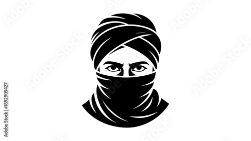 Masked Silhouette: An intense, focused gaze emanates from a person, their face partially obscured by a traditional scarf. The image captures the essence of mystery.